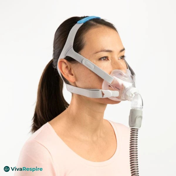 ResMed AirFit F30i CPAP-mask gedragen door een vrouw – vooraanzicht
