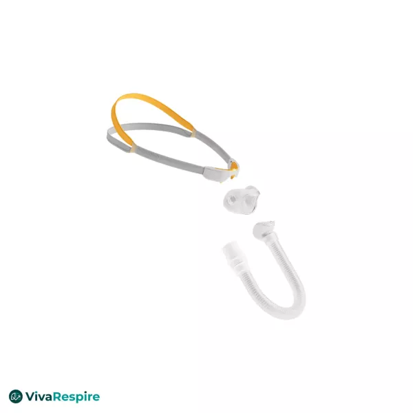 Fisher & Paykel Solo nasal CPAP mask exploded view with headgear and tube