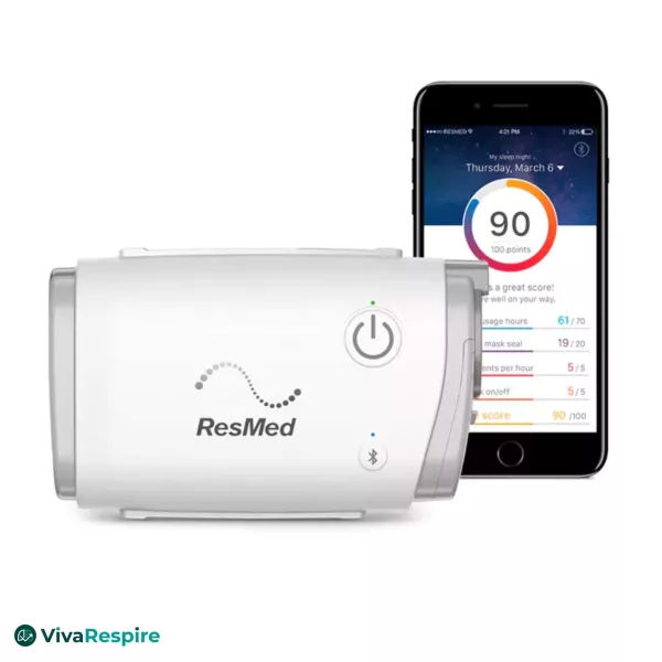 ResMed AirMini AutoSet with mobile app monitoring sleep therapy data