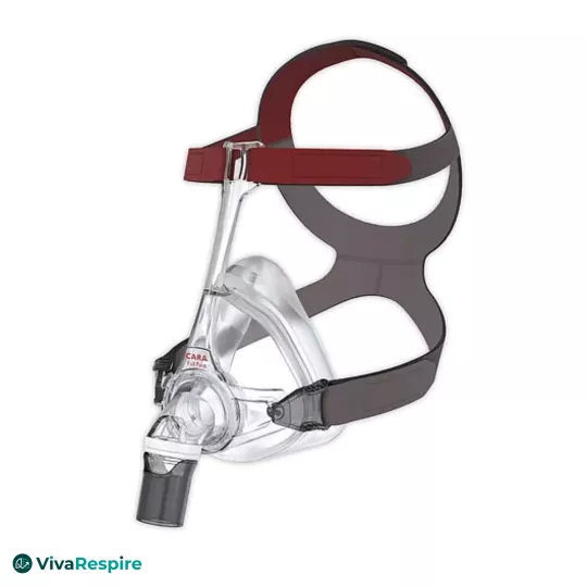 Löwenstein CARA Full Face CPAP mask with grey and burgundy headgear, side view