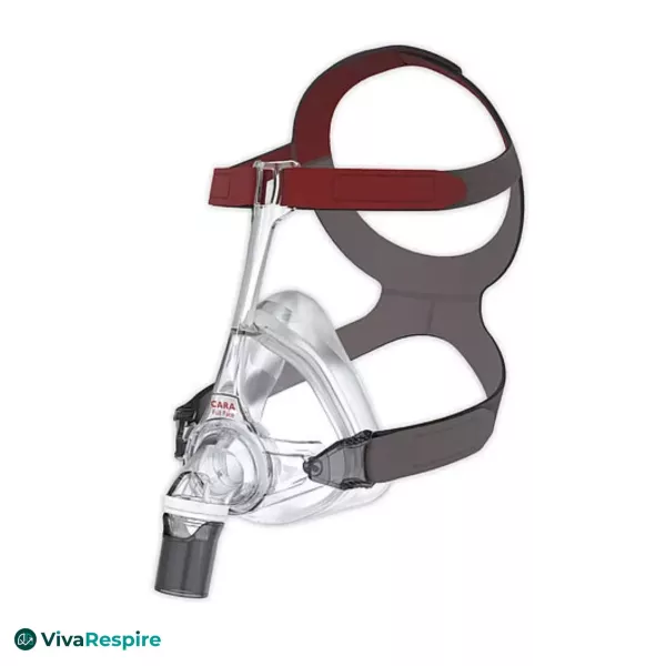 Löwenstein CARA Full Face CPAP mask with grey and burgundy headgear, side view
