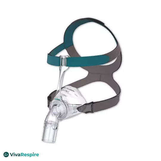 Löwenstein CARA Nasenmaske für CPAP mit grauem und türkisem Kopfband, Seitenansicht
