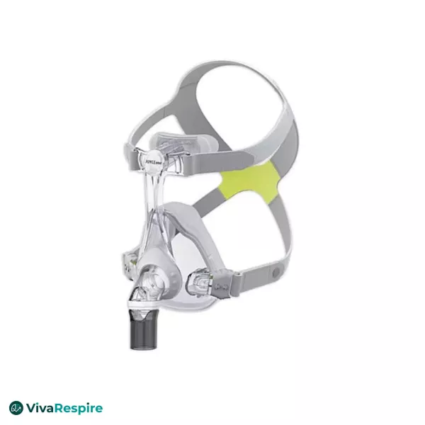 Löwenstein JOYCE One full face CPAP mask with grey and lime green headgear, side view