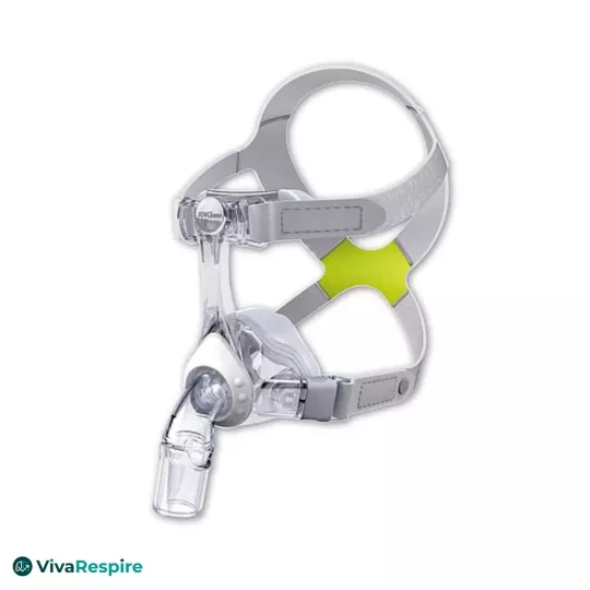 Löwenstein JOYCE One nasal CPAP mask with grey and lime green headgear, side view