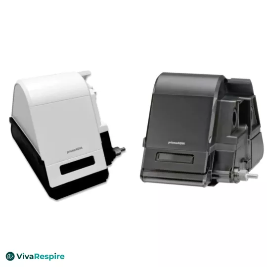 Löwenstein prisma AQUA heated humidifier, white and black versions side by side