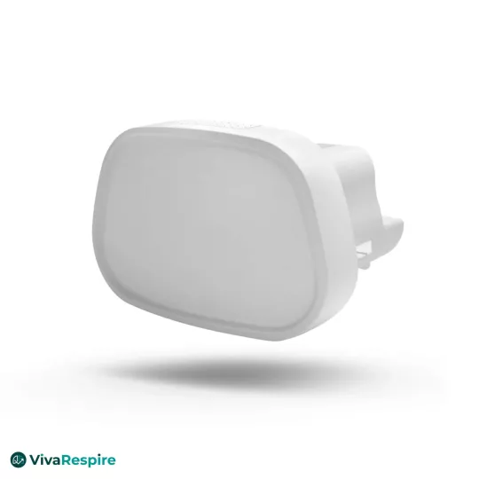 ResMed AirSense 11 side cover in white with its vent grille, three-quarter view