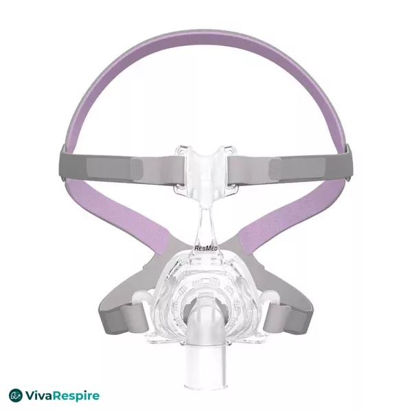 Masque nasal Mirage FX for Her ResMed – vue de face, harnais gris et rose