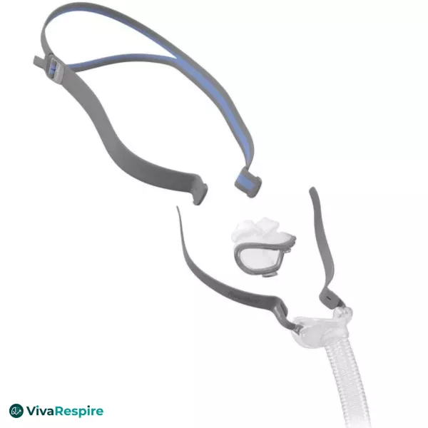 Exploded view of ResMed AirFit P10 nasal pillows CPAP mask components