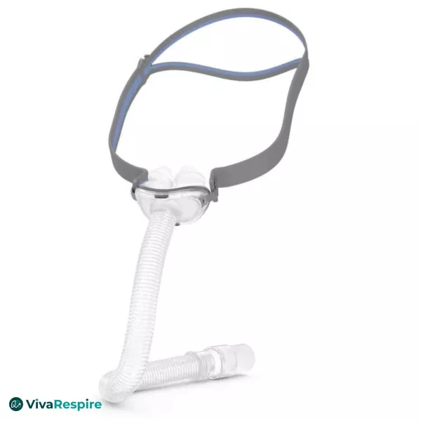 ResMed AirFit P10 nasal pillows CPAP mask angled view with tubing