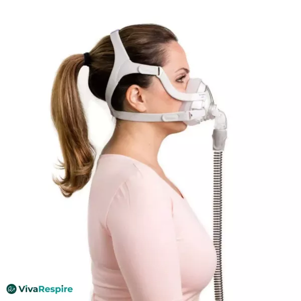 AirFit F20 For Her full face CPAP mask worn by a woman, side view