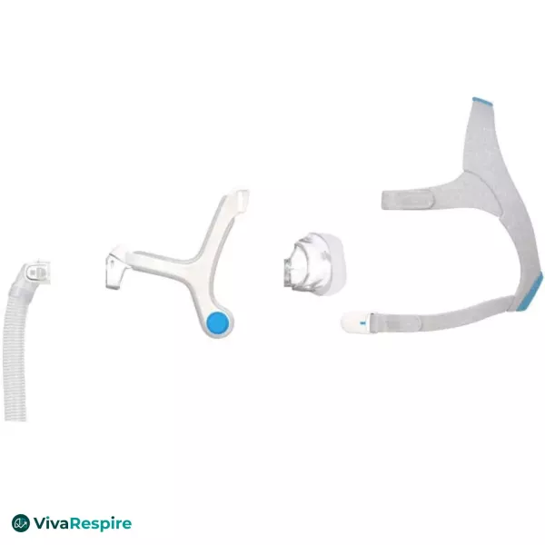 Masque nasal ResMed AirFit N20 – vue éclatée avec harnais, bulle et coude